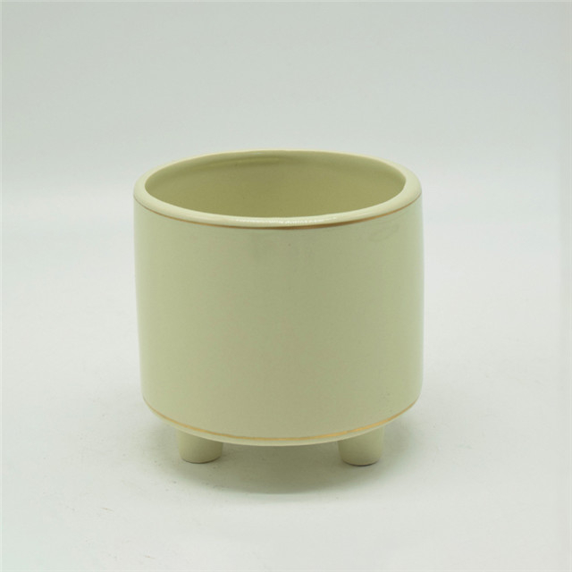 Vaso de mesa amarelo claro com três pernas e três pés, suporte de vaso de cerâmica branca