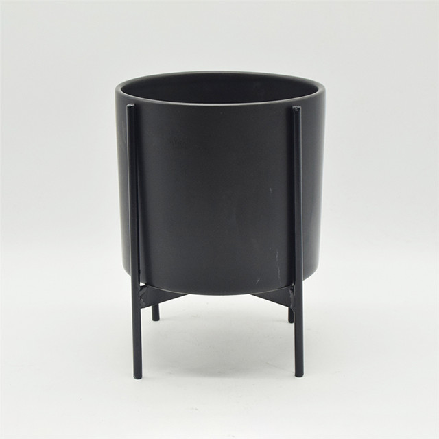 Suporte de ferro preto, suporte para quatro pernas, jogo com vaso de cerâmica preto
