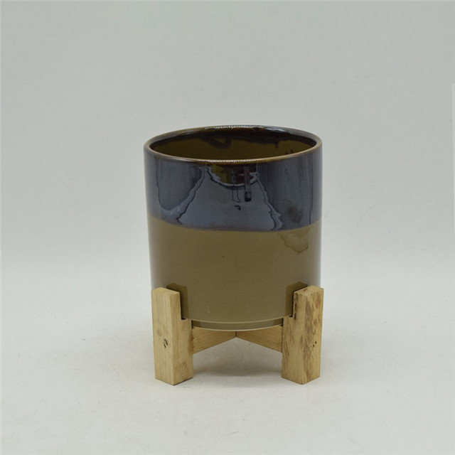 Suporte de quatro pernas de madeira Vaso de flores de duas cores cerâmico Planta Tampo da mesa Vaso de cerâmica