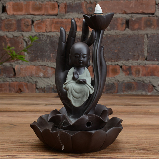 Mão de Buda de cerâmica e queimador de incenso de refluxo pequeno da monge