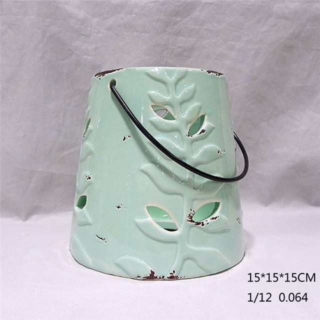 Mobiliário doméstico Decoração Laranja vermelho Cilindro de cerâmica Tira Forma Estilo Oco Out Furacão Lanterna de Cerâmica