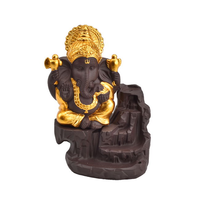 Gold Ceramic Ganesha Waterfall Backflow Incense Burner
