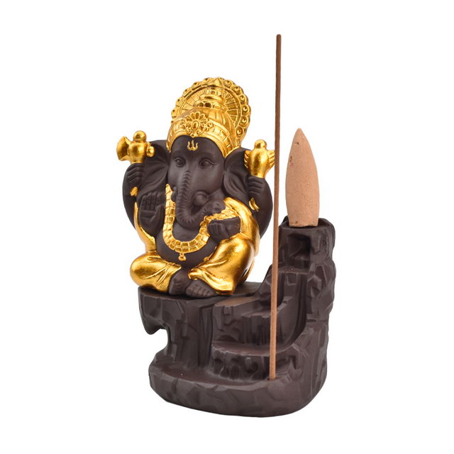 Gold Ceramic Ganesha Waterfall Backflow Incense Burner